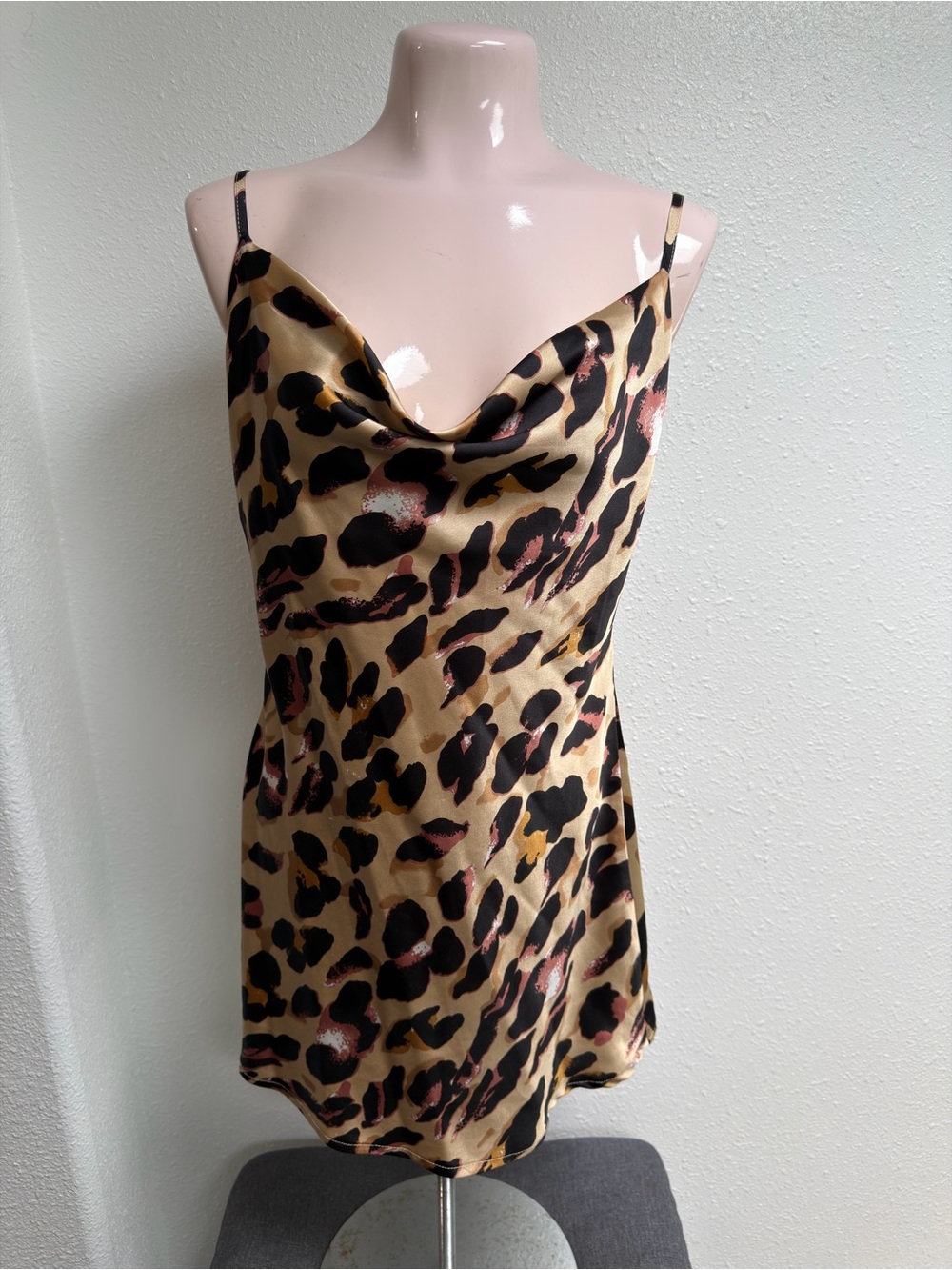 Fashion Nova Leopard Satin Cowl Neck Mini Dress Y2K Size S